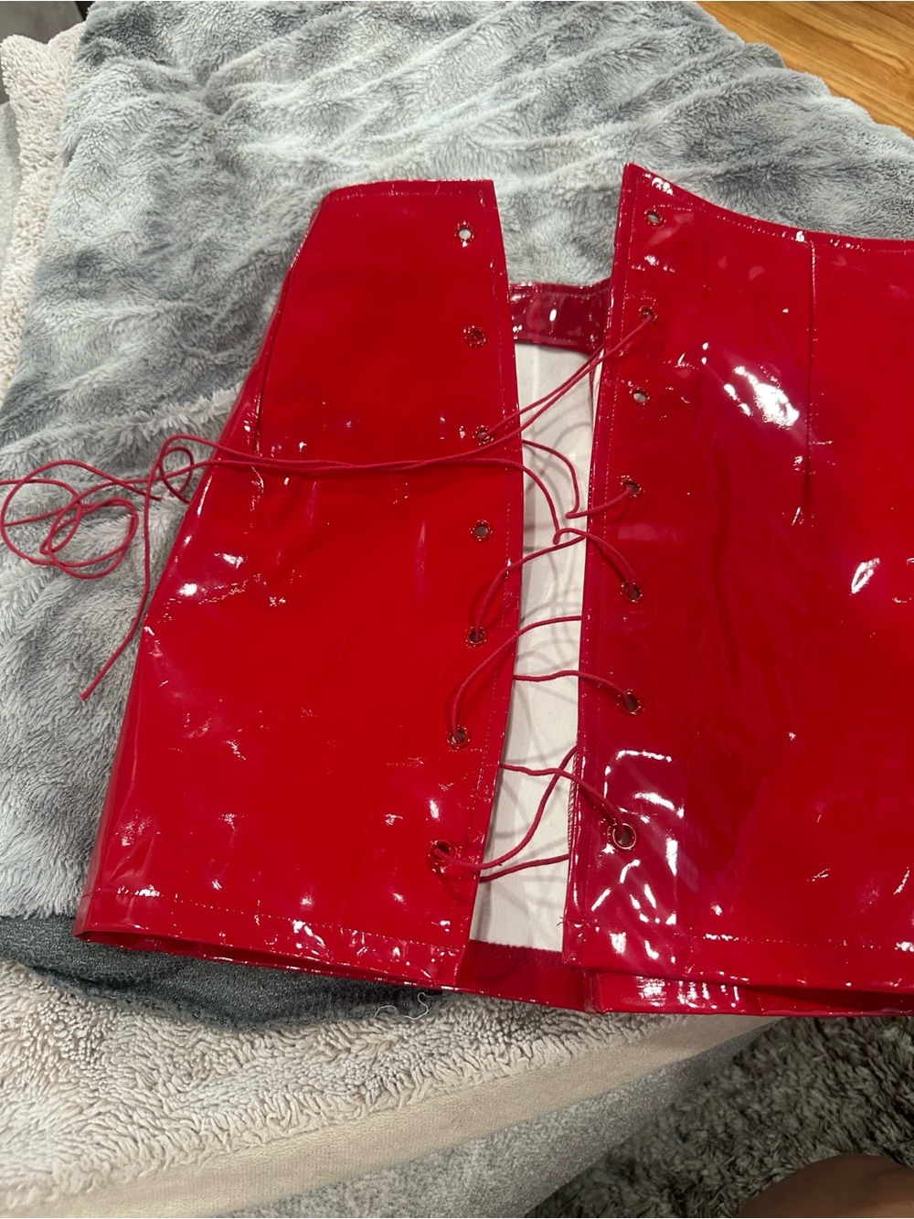 Danielle Guizio Red Patent Vinyl Mini Skirt with Lace-Up Eyelets - Picture 2 of 3
